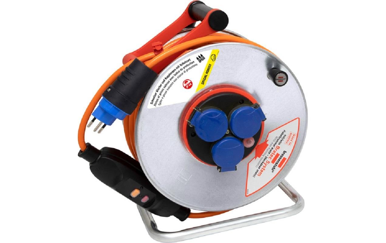 Baustellen-Kabelrolle Garant SK 240 25 m FI + Bretec 3x T13<br>Kabeltrommel Garant SK, 3x T13 Steckdosen mit FI-Personenschutz-Schalter, Überhitzungsschutz und Kontroll-Leuchte