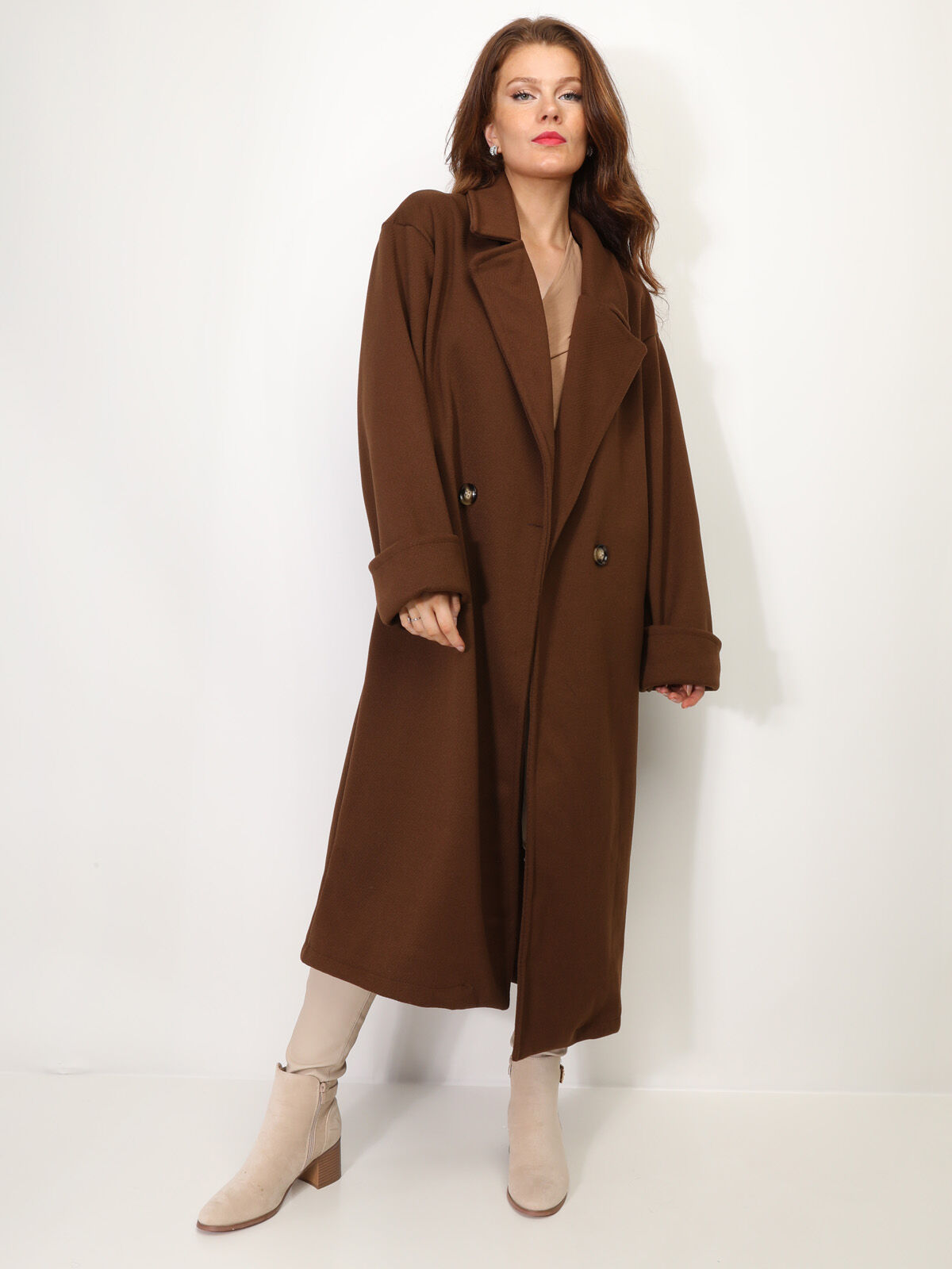 Manteau oversize en maille texturée- Marron