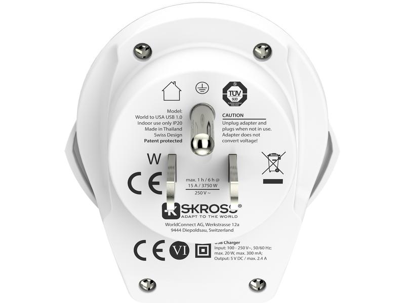 SKROSS Reiseadapter World USA mit USB Ladegerät Kompakter Reisestecker World zu USA mit USB Ladeanschluss