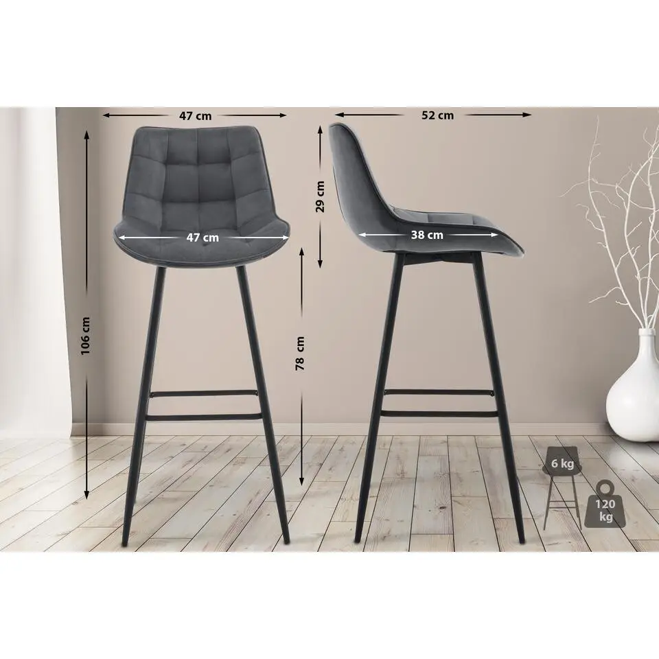 CLP Set van 2 Barkruk Dartford mat zwart Frame - Fluweel - donkergrijs