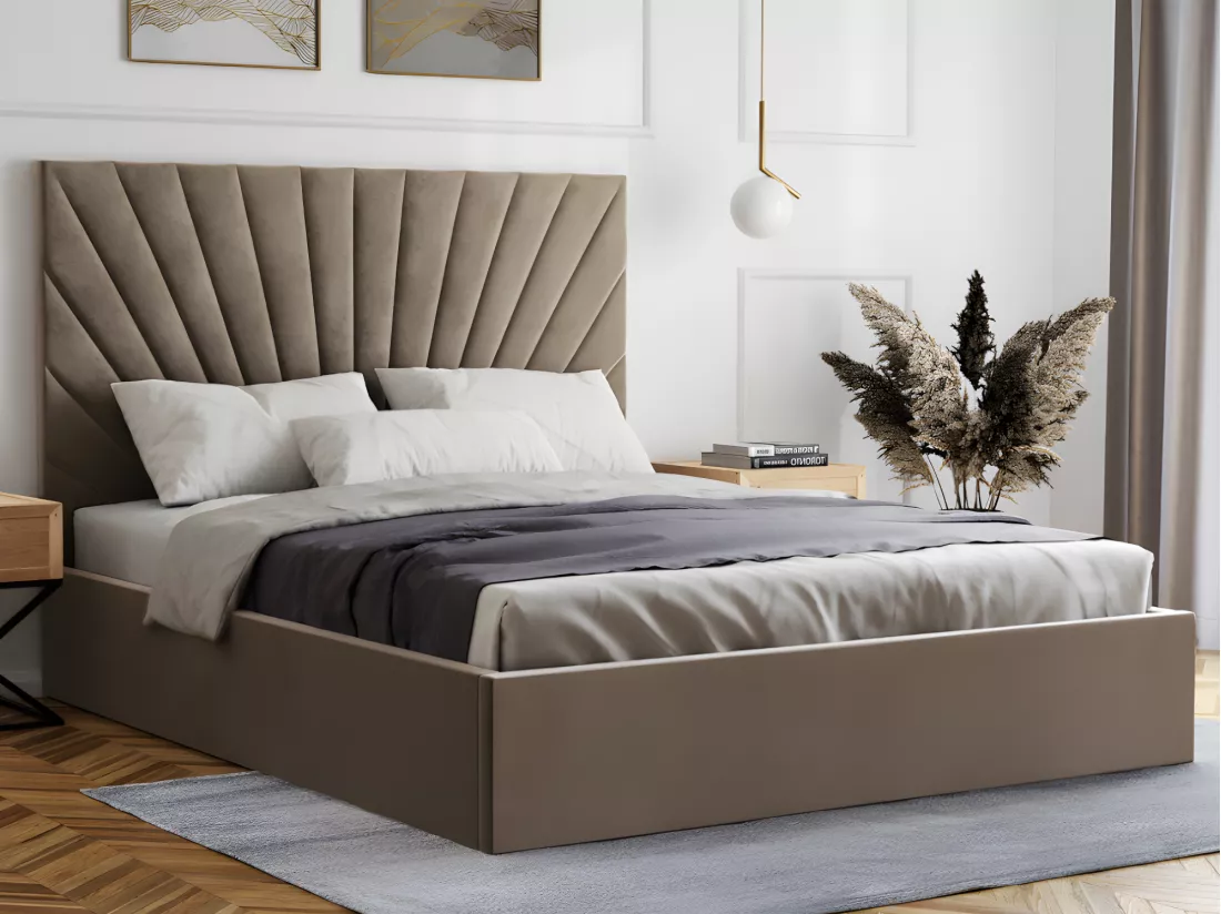 Lit coffre 160 x 200 cm - Velours - Taupe + Matelas - RILIODA de Pascal Morabito