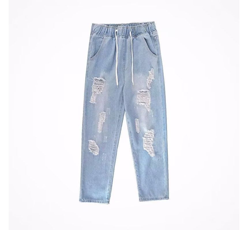 Ateso - Gewassen, versleten jeans met trekkoord in de taille, rechte pijpen