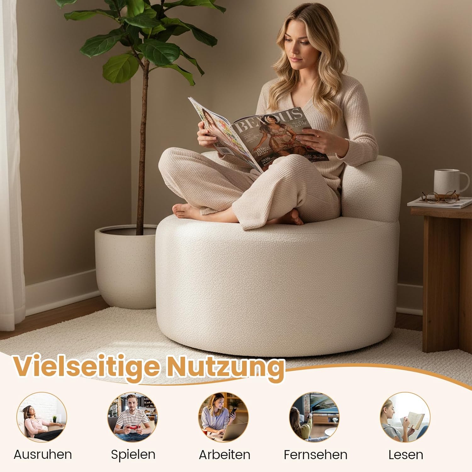 GOPLUS Einzelsofa rund, Sofa 82cm mit weichem Teddyfleece & geschwungener Rückenlehne, bequemer Einzelsessel mit abnehmbarem Bezug, Sofasessel für Wohnzimmer, Schlafzimmer, Projektionsraum (Beige)