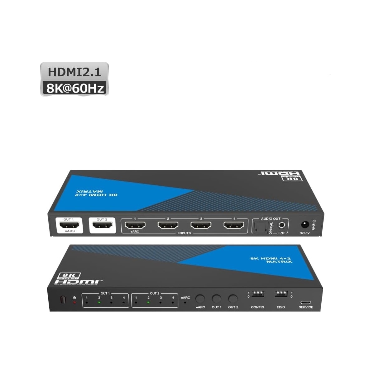 NÖRDIC 8K HDMI 2.1 eARC/ARC matrisebryter 4x2 med avtrekker Toslink & Stereo, HDMI CEC, Dolby Atmos/Digital Plus, DTS Master