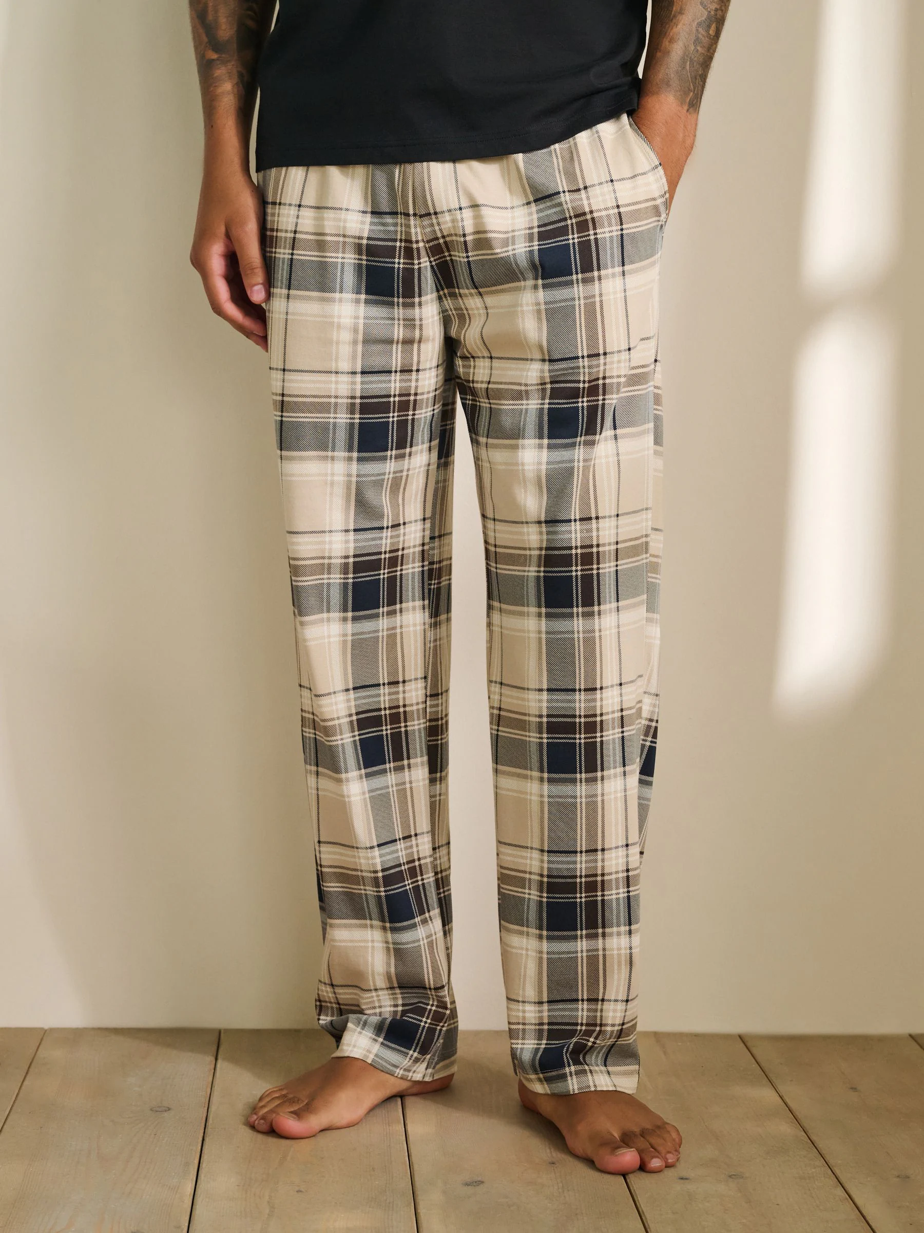 Naturel/zwart geruit - Jersey pyjama met korte mouwen