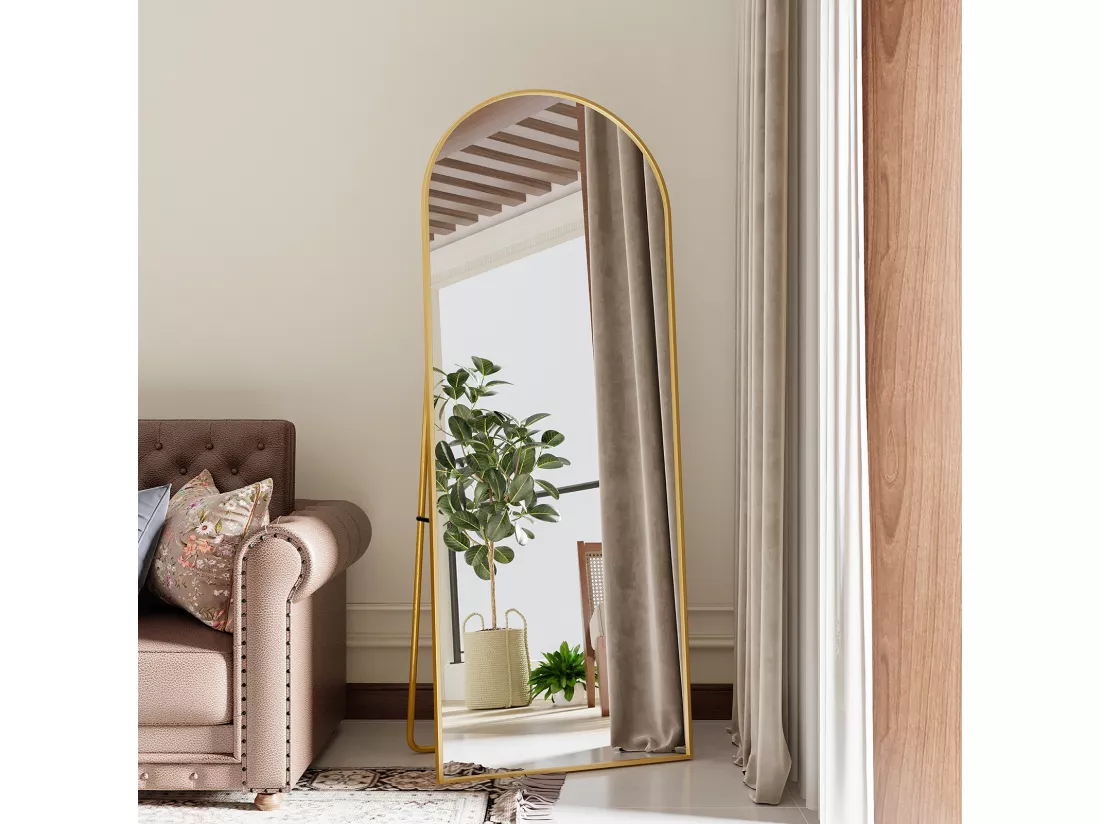 Miroir pleine longueur 165 x 60 cm, sur pied, suspendu ou appuyé, grand miroir de sol avec cadre en alliage d'aluminium doré pour salon ou chambre à coucher, Arc