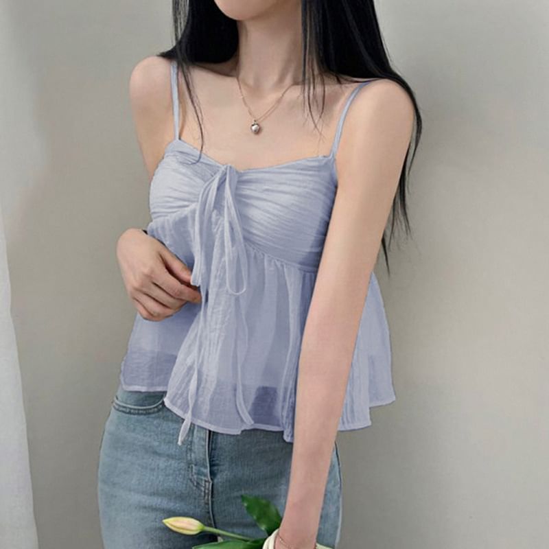 Honet - Cami-top met lange mouwen en spaghettibandjes, gerimpeld en doorschijnend mesh
