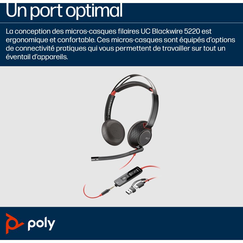HP Poly Micro-casque stéréo USB-C Poly Blackwire 5220 + prise 3,5 mm + adaptateur USB-C/A (lot)