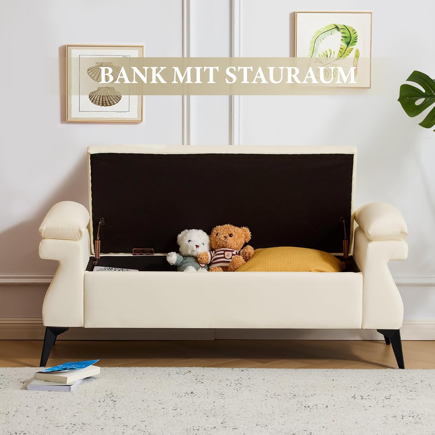 Sitzbank mit Stauraum 128cm, Große Aufbewahrungsbank mit Kissen, Fußbank, Bettbank, Sitztruhe mit Armlehnen aus PU-Kunstleder für Wohnzimmer Schlafzimmer Flur, Schuhbank, Beige