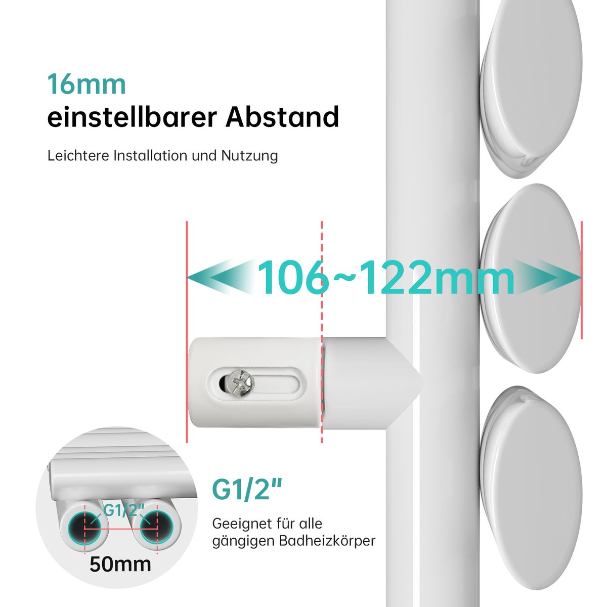 EMKE Badkamerradiator, Buisradiator, Ovale Buis Handdoekdroger, Verticale Handdoekwarmer, Zijaansluiting voor Water, Wit, 143×40cm, 484W