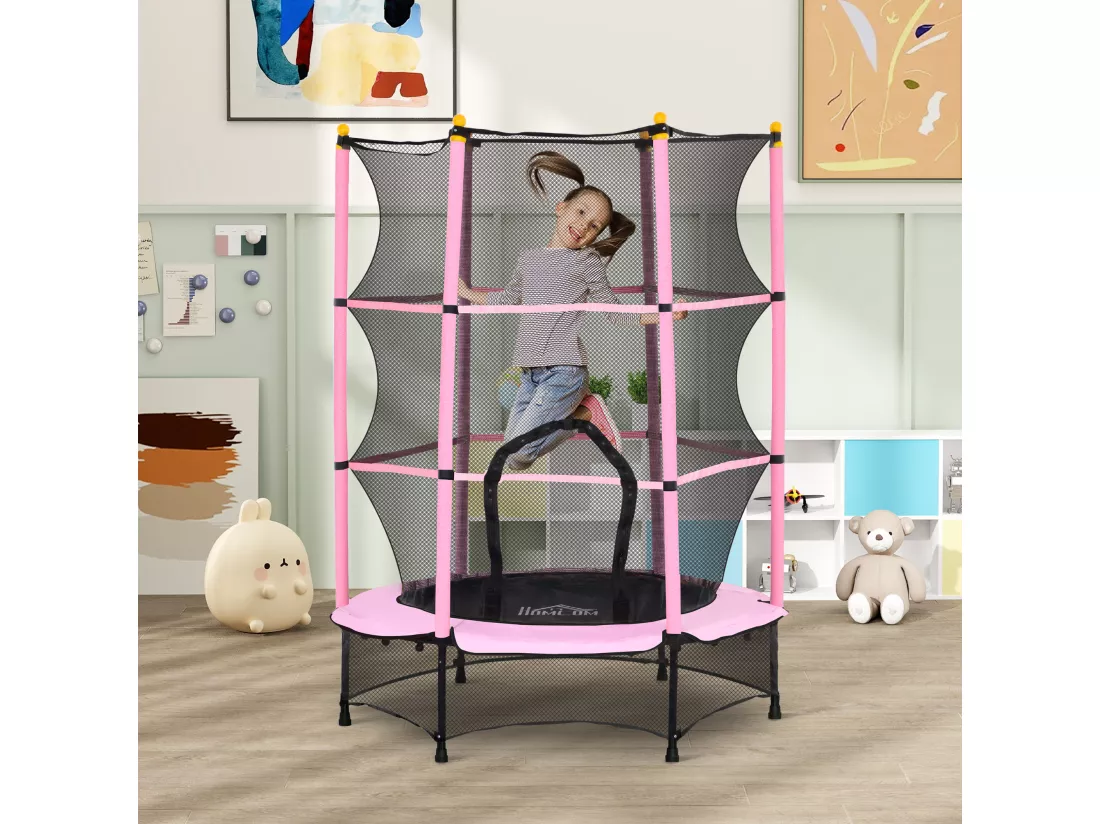 Trampoline de jardin enfants Ø 1,40 x 1,90H m filet de sécurité porte zipée couvre-ressorts + 6 poteaux rembourrés inclus rose