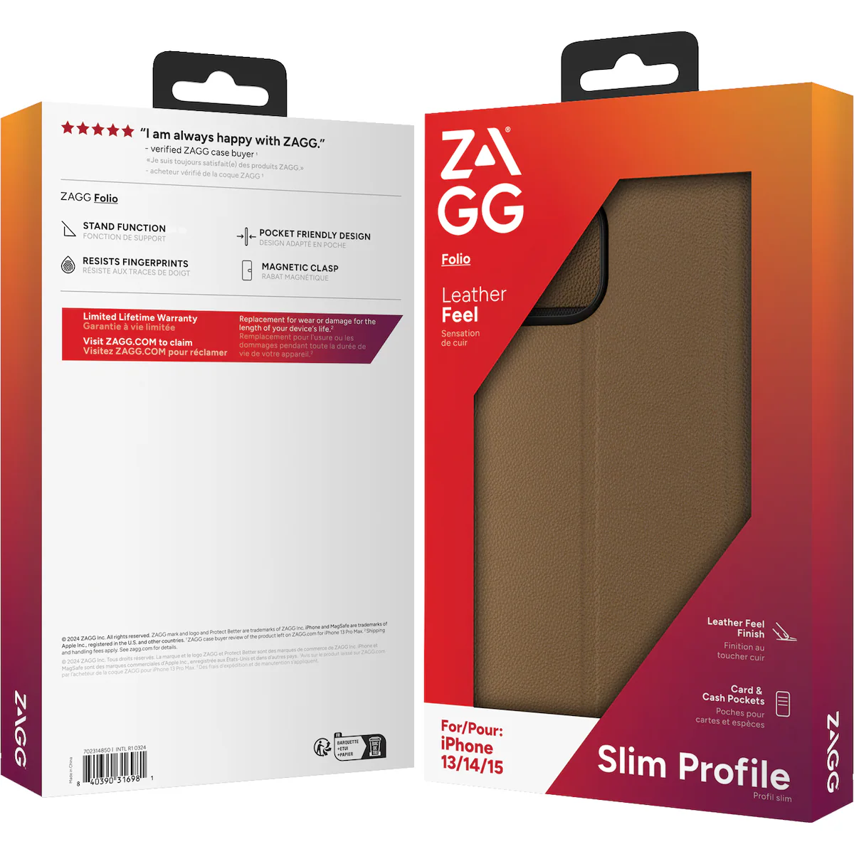 Zagg iPhone 15/14/13 lommebokdeksel (brun)