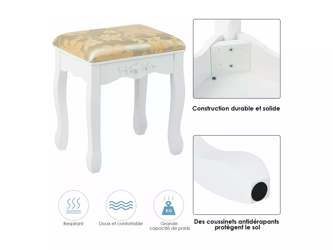 Coiffeuse Table de Maquillage avec Miroir Ovale Pivotant à 360°, 5 Tiroirs Finition Peinte, avec Tabouret Rembourré Finition Peinte, Facile à Monter (Blanc)