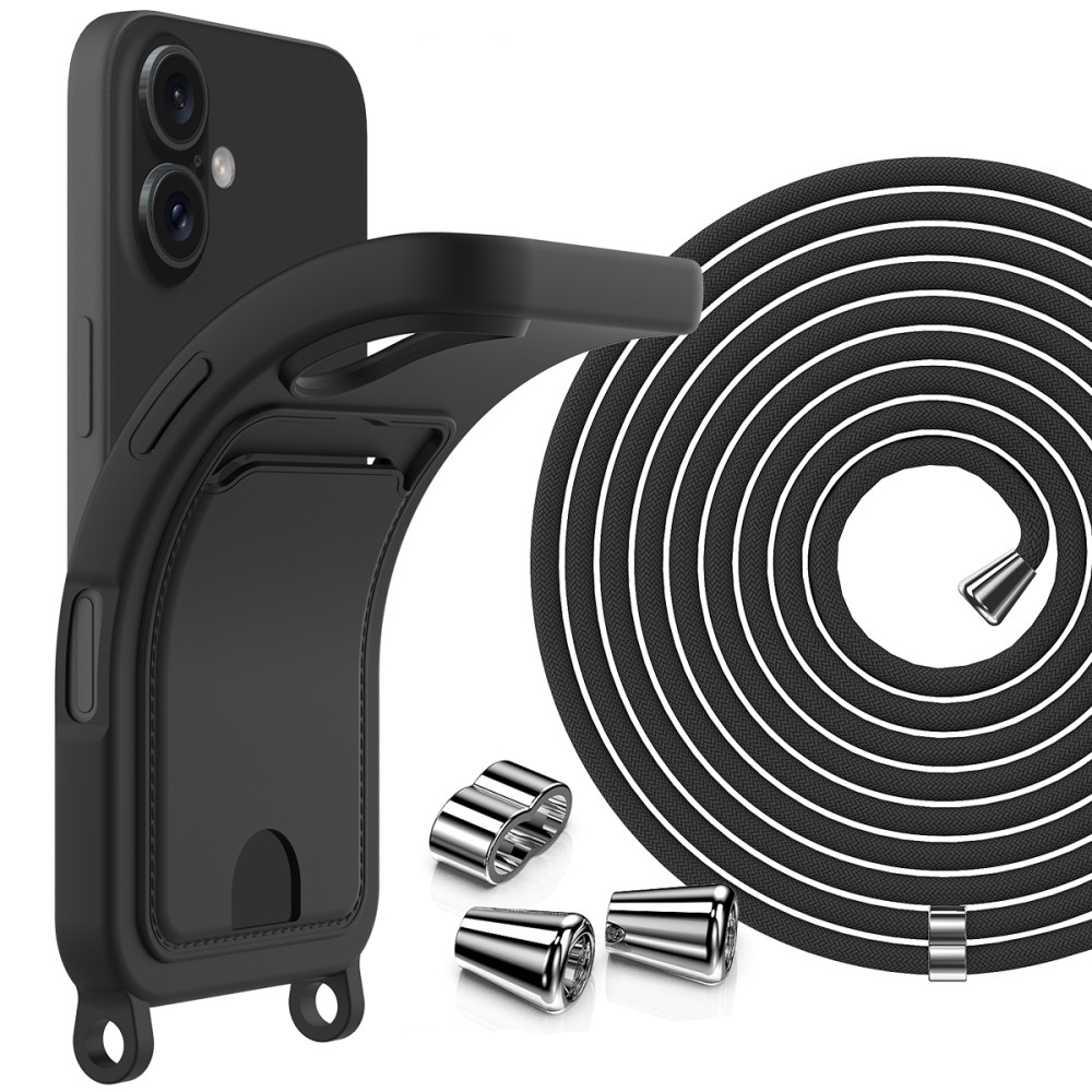 iPhone 16 Necklace Silikon Hülle mit Kartenfach   Handykette (160cm) - Schwarz