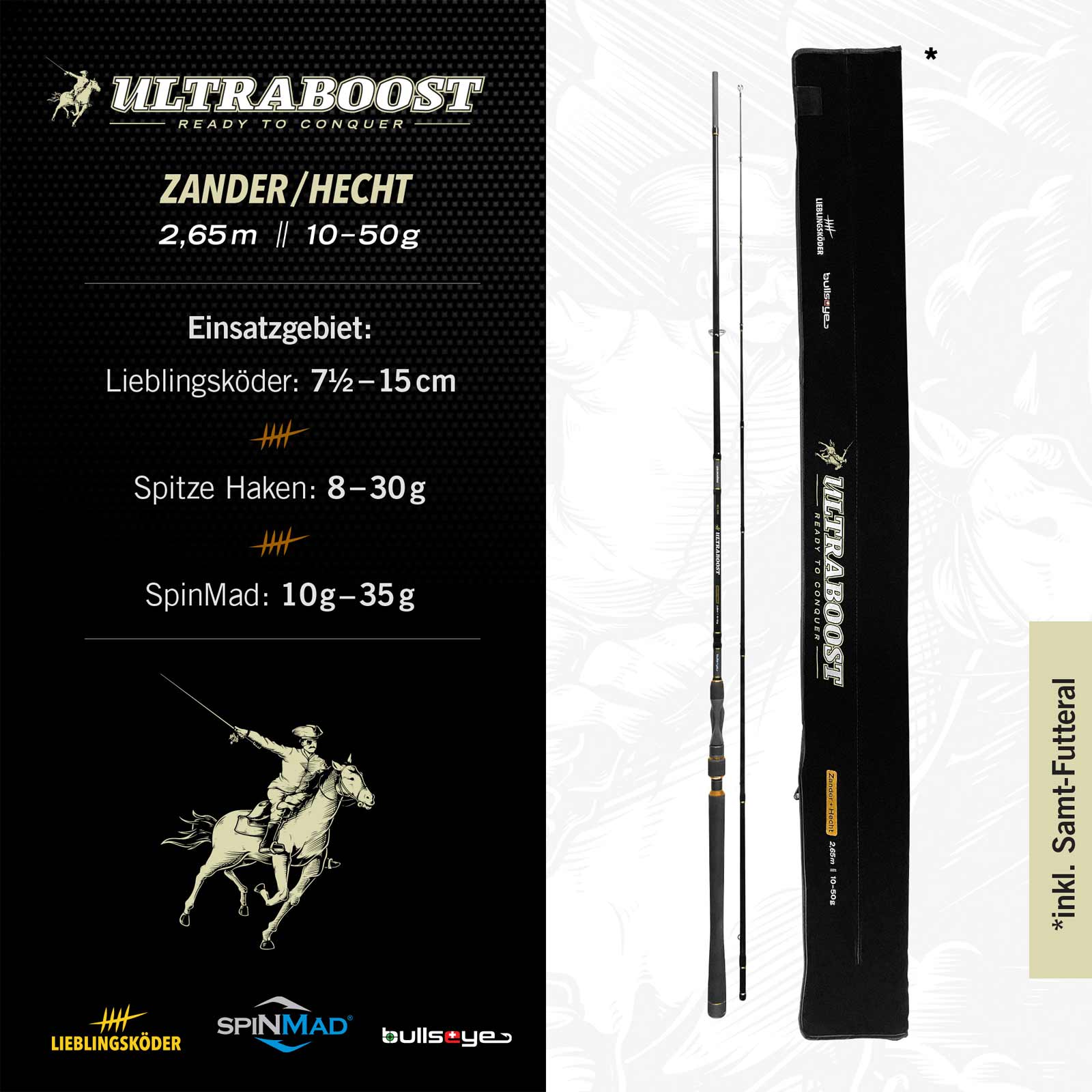 Lieblingsköder Ultraboost Zander Hecht 2,65m 10-50g Spinnrute By Bullseye