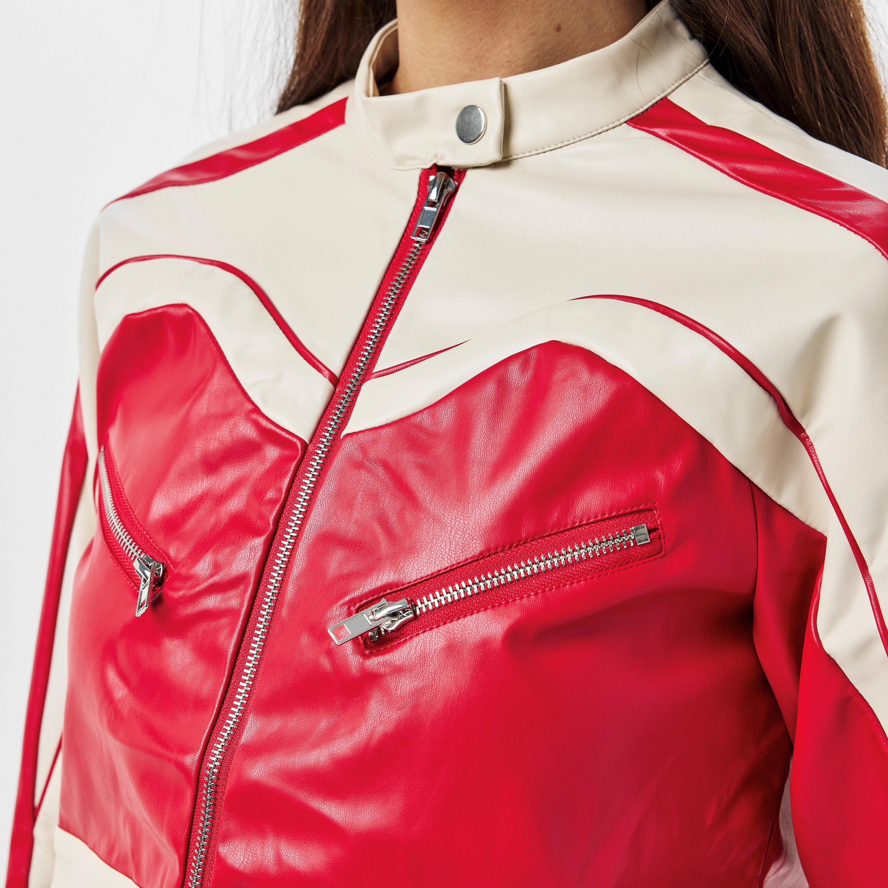 Missy Empire ME Contrast Faux Leather Cropped Biker Jacket Womens