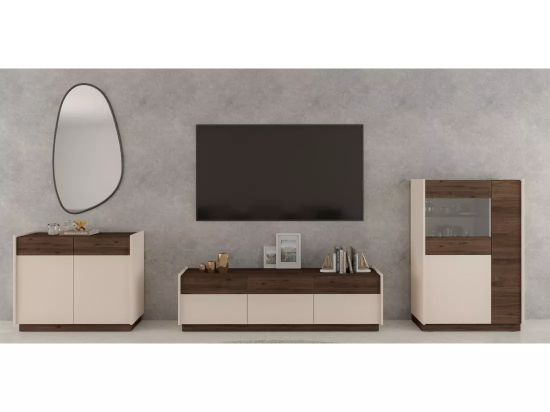 Vitrine basse à 3 portes - 85 cm - beige / noyer okapi - KOBBE