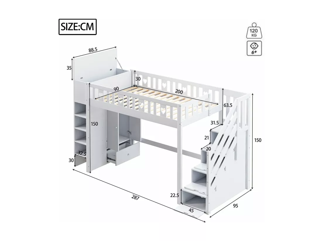 Lit en mezzanine, 90*200 cm, échelle de rangement, étagères, armoires de rangement à charnières, espace dressing sous le lit, poignées d'amour, blanc