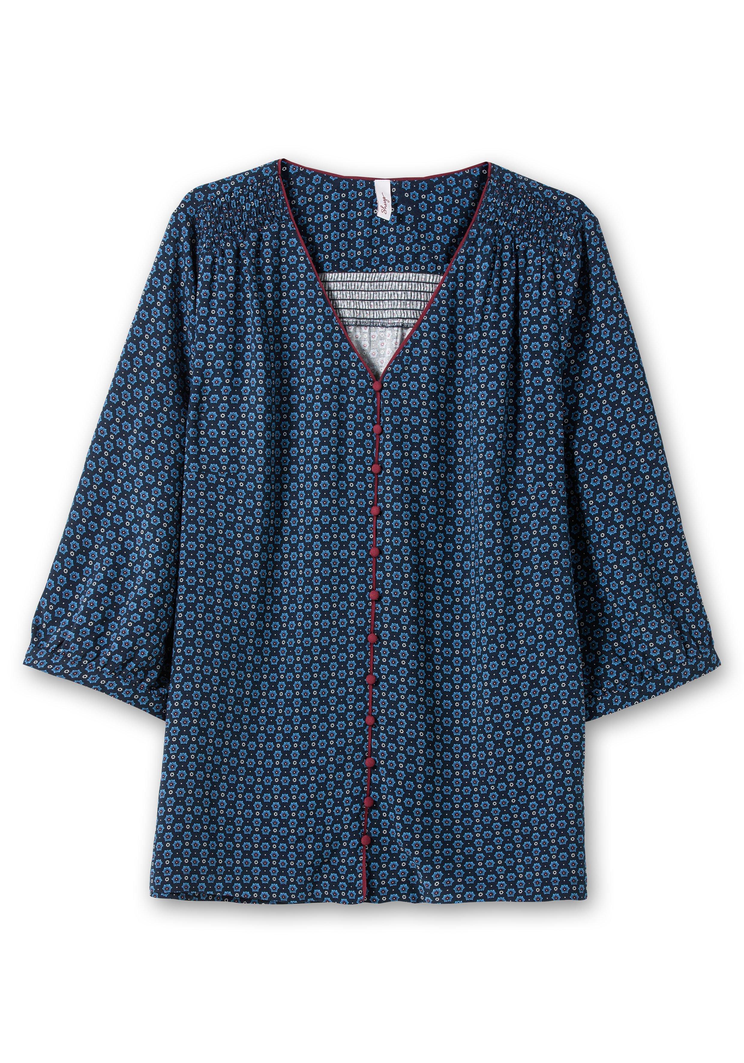 Bedruckte Bluse mit Smok- und Kontrastdetails
