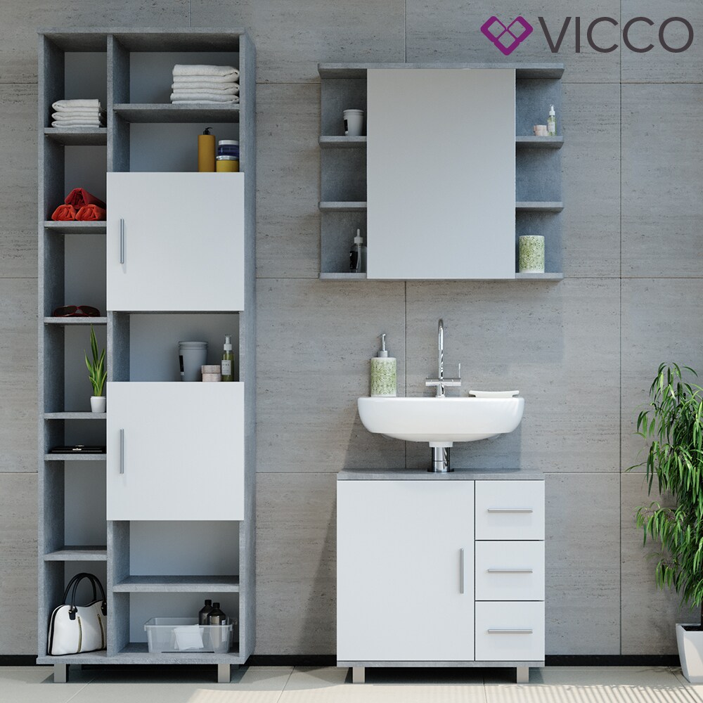 VICCO Badmöbel Set ILIAS Weiß Beton Bad Spiegel Kommode Unterschrank Badschrank