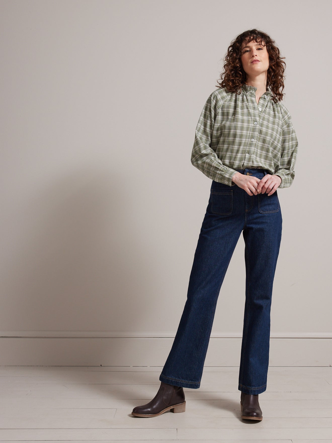 Blouse col froufrou femme carreaux pistache