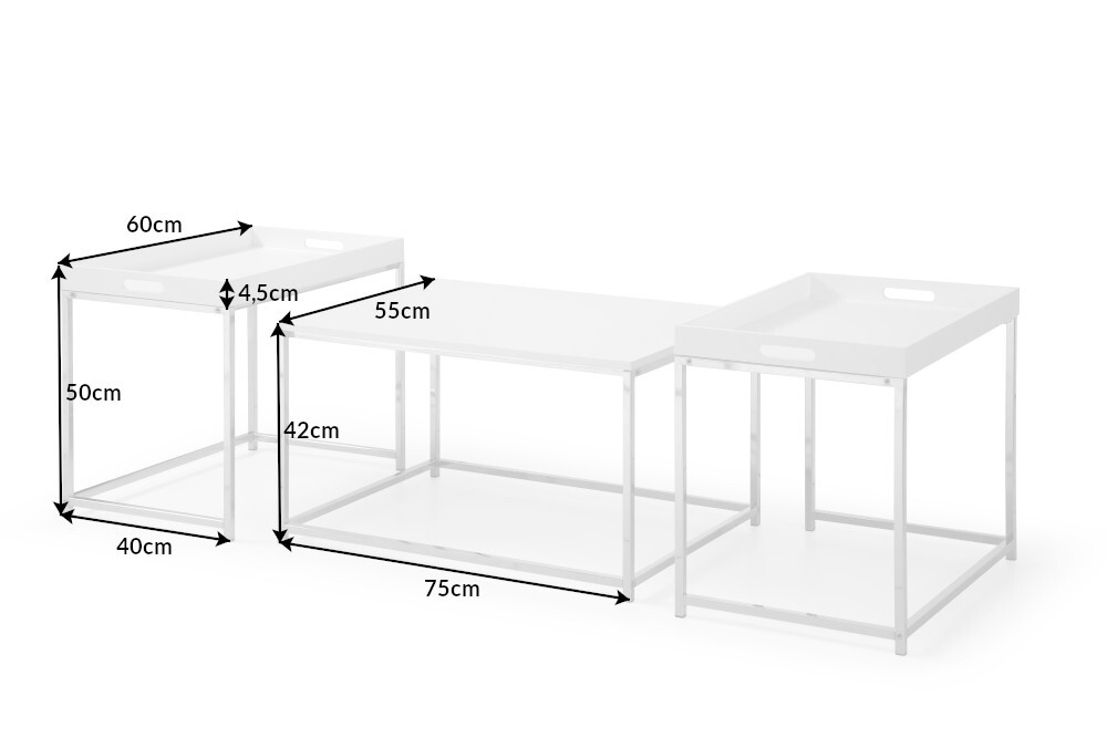 Modernes Couchtisch 3er Set ELEMENTS 75cm weiß Chrom abnehmbares Tablett