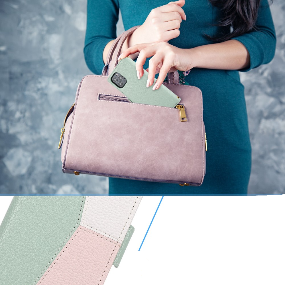 iPhone 12 / iPhone 12 Pro Leder Tasche Flip Cover Litchi Look mit Kartenfächern Geometrisches Design - Grün / Rosa / Weiss