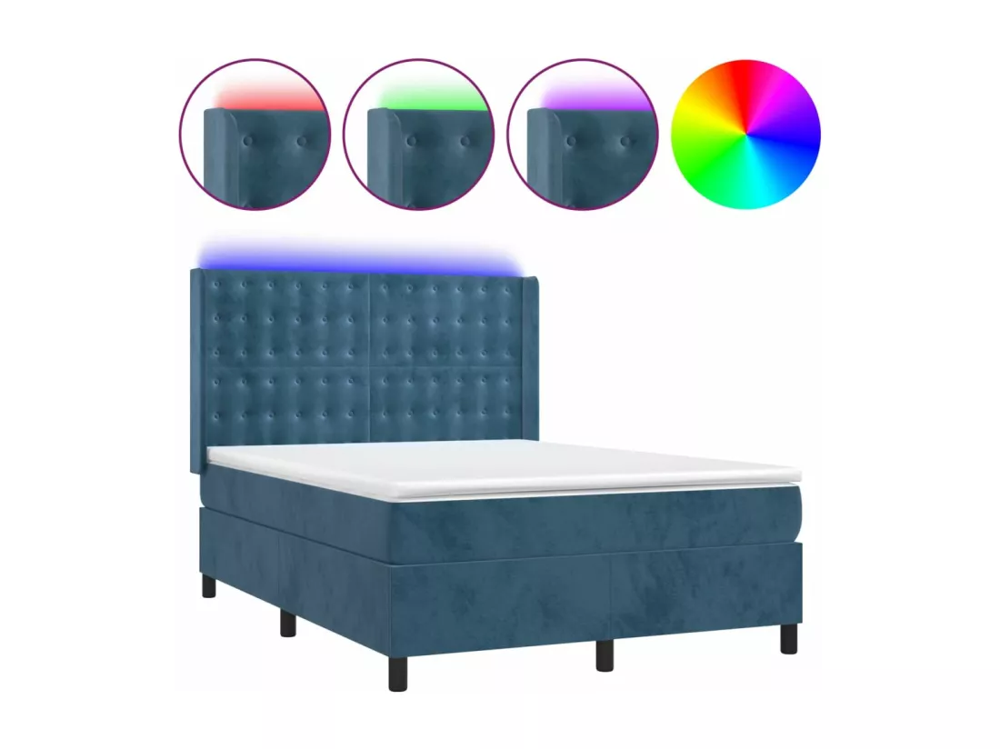 Sommier tapissier matelas et LED Bleu foncé 140x190 cm Velours
