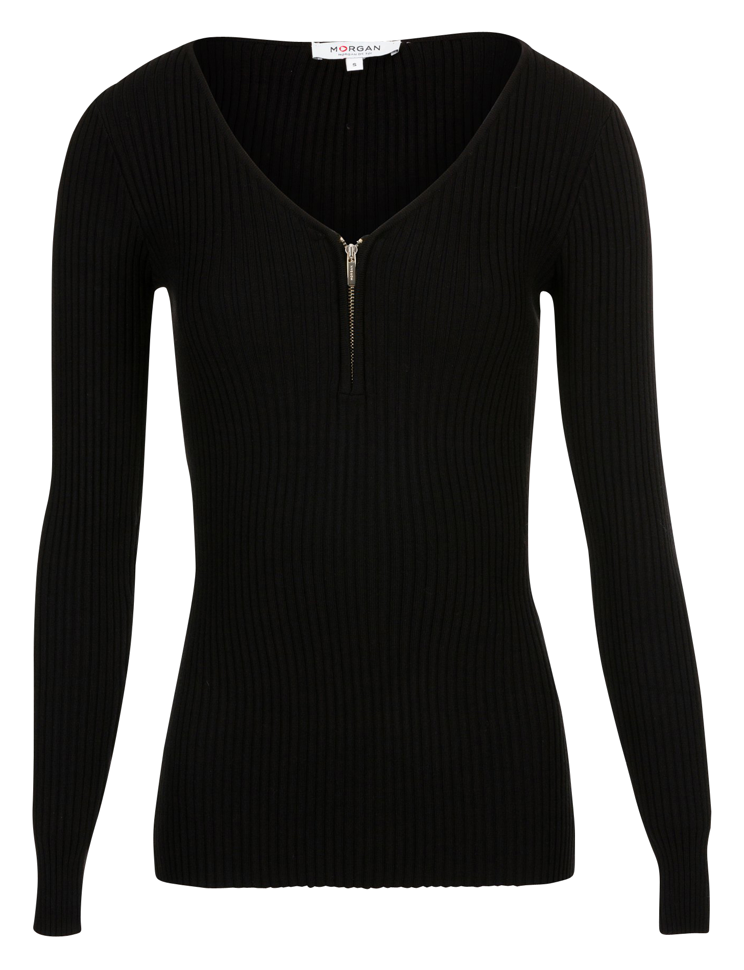 Pull col V zippé en maille côtelée | Noir
