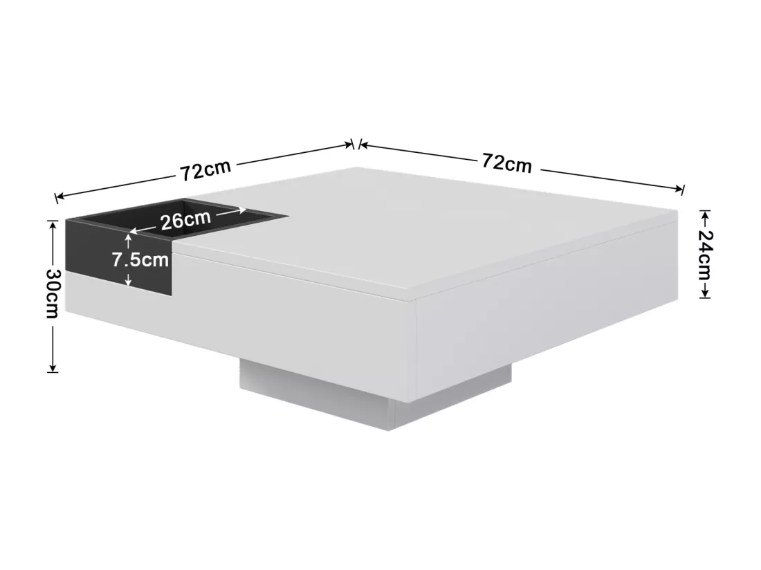 Table basse LED carré 72x72x30 cm, table de salon, table d'appoint avec boîte de rangement amovible, coloris blanc
