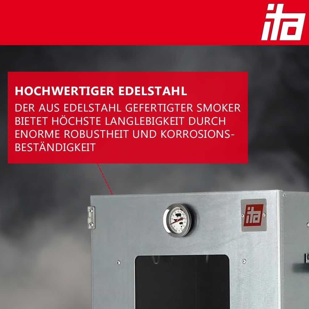 ITA Räucherofen 7002 - Smoker Set mit Rauchgenerator, Tisch - Räucherschrank mit Fenster & Thermometer - Edelstahl - EU Qualität, Direkt vom Hersteller - 81 cm mit 3 Etagen