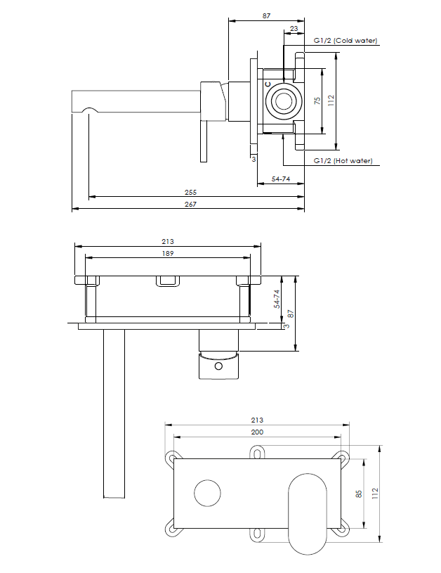 Brauer Gold Edition ColdStart wastafelkraan inbouw rechte uitloop met achterplaat model C1 geborsteld messing PVD