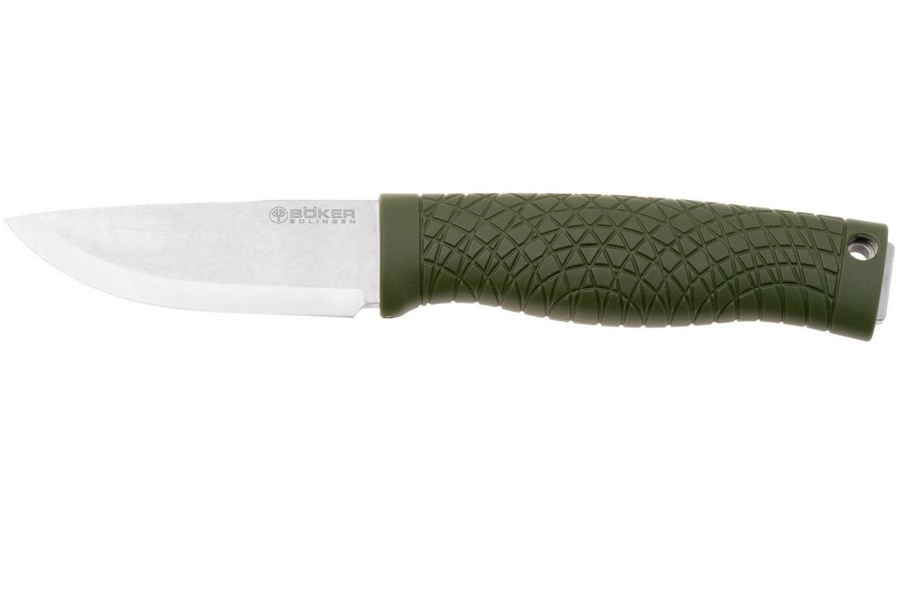 Böker Manufaktur Bronco Mini Scandi 121518 Stonewashed 3V, Green TPE, bushcraftmes