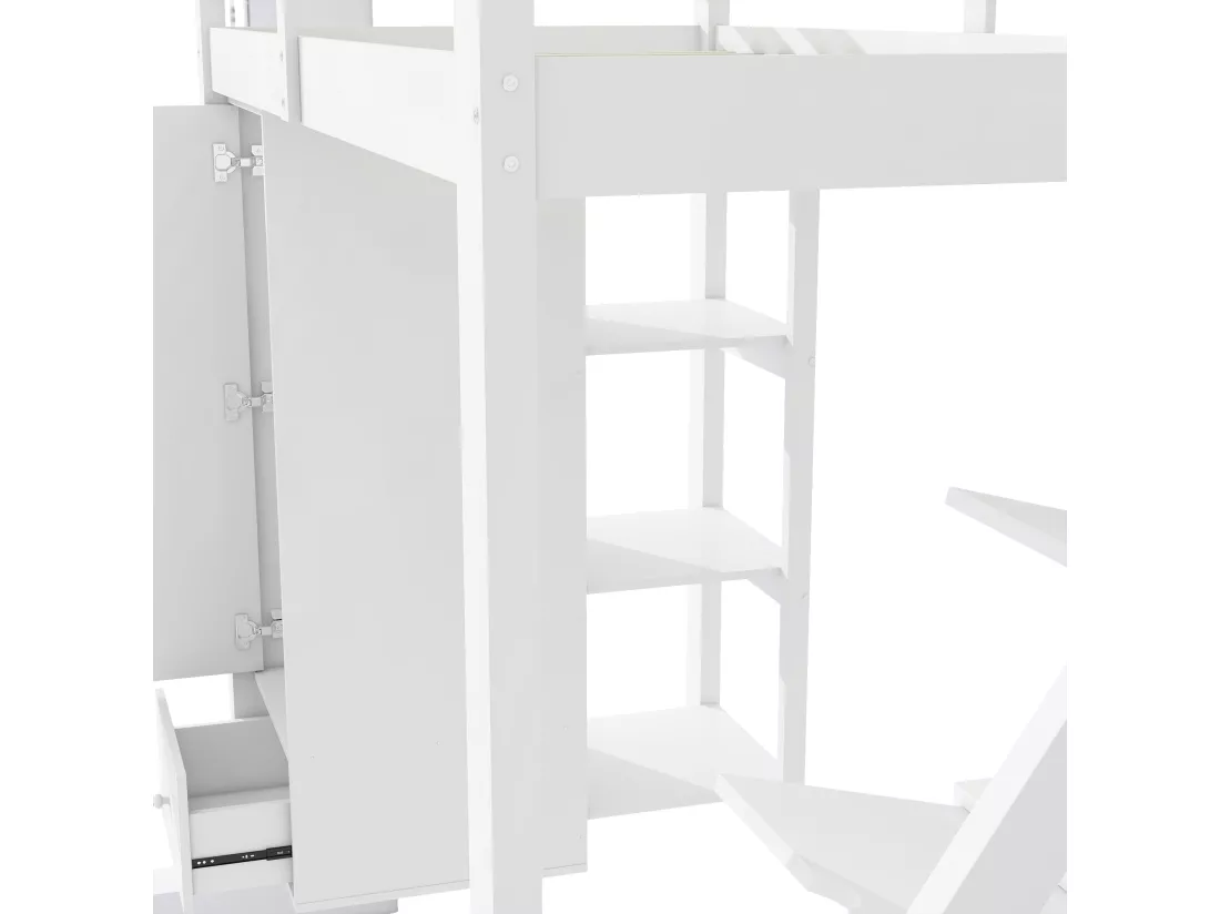Lit mezzanine 90x200 cm en bois - avec penderie et échelle de rangement - Blanc