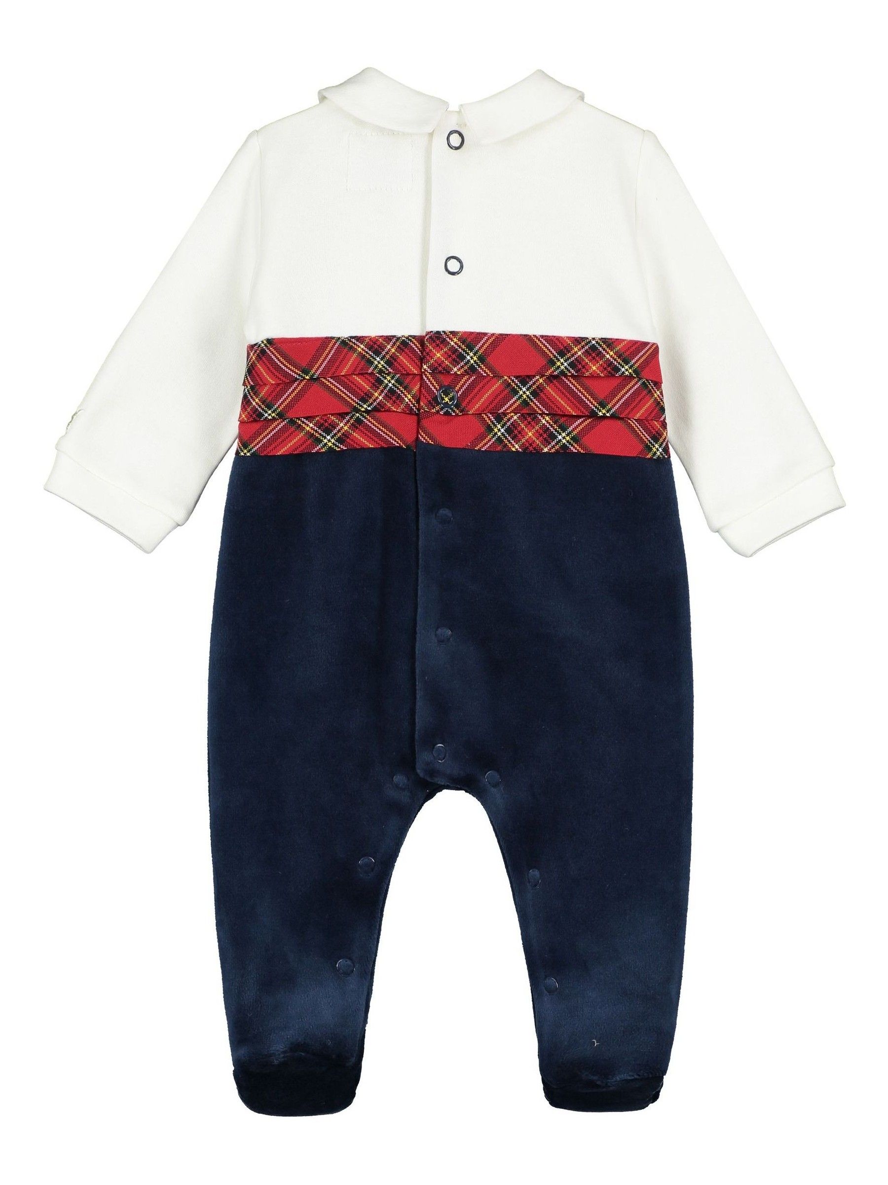 Emile Et Rose - Marineblauw-rode velours onesie met vlinderstrik en schotse ruit
