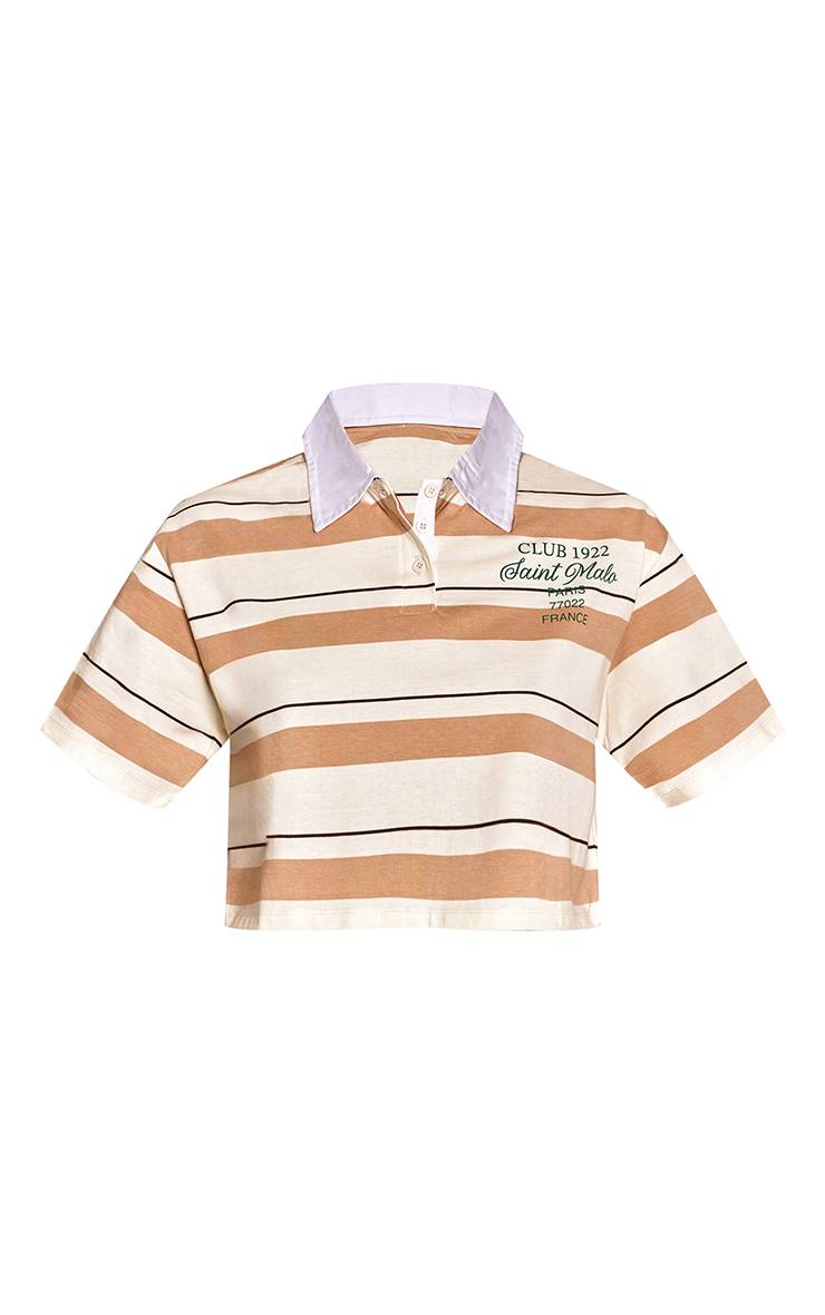 Beige T-shirt Rayé Saint Malo À Manches Courtes Avec Col Détaillé Et Coupe Courte