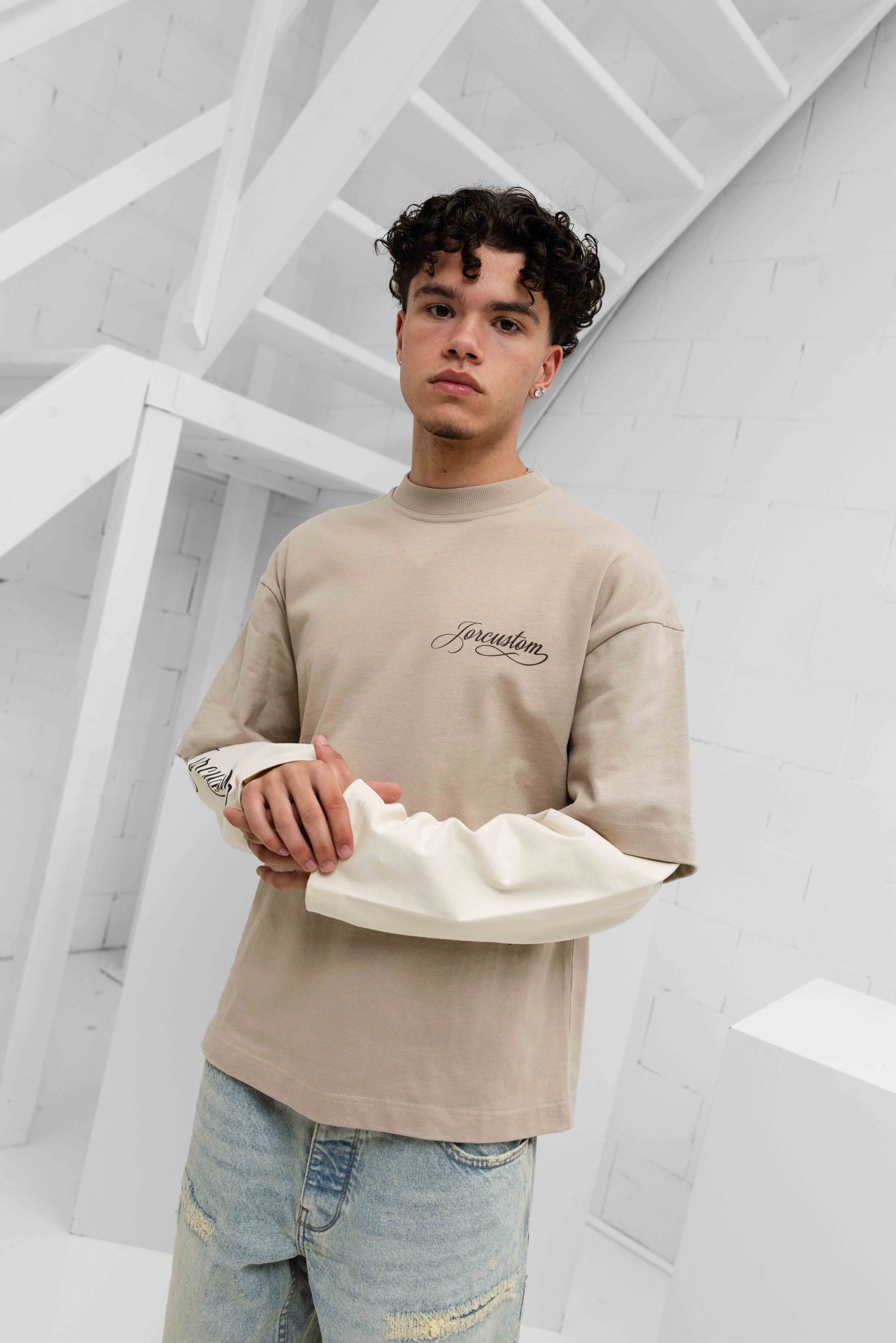 Jorcustom Handscript Double Layered Longsleeve T-Shirt Heren Taupe/Beige