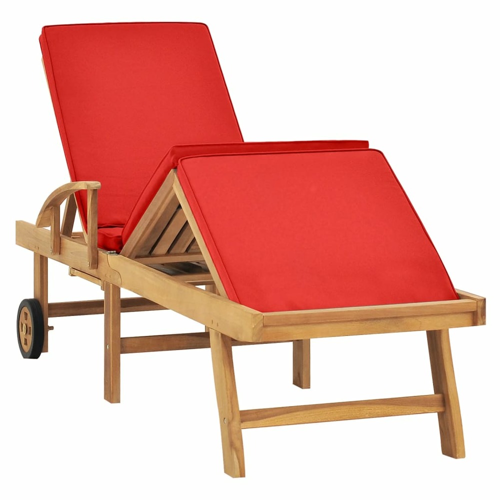 Transat chaise longue bain de soleil lit de jardin terrasse meuble d'extérieur avec coussin bois de teck solide rouge 02_0012