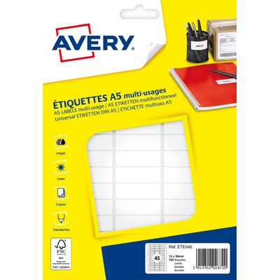 Avery - Etui A5 - 720 Étiquettes multi-usages blanches - 13 x 38 mm - réf ETE045