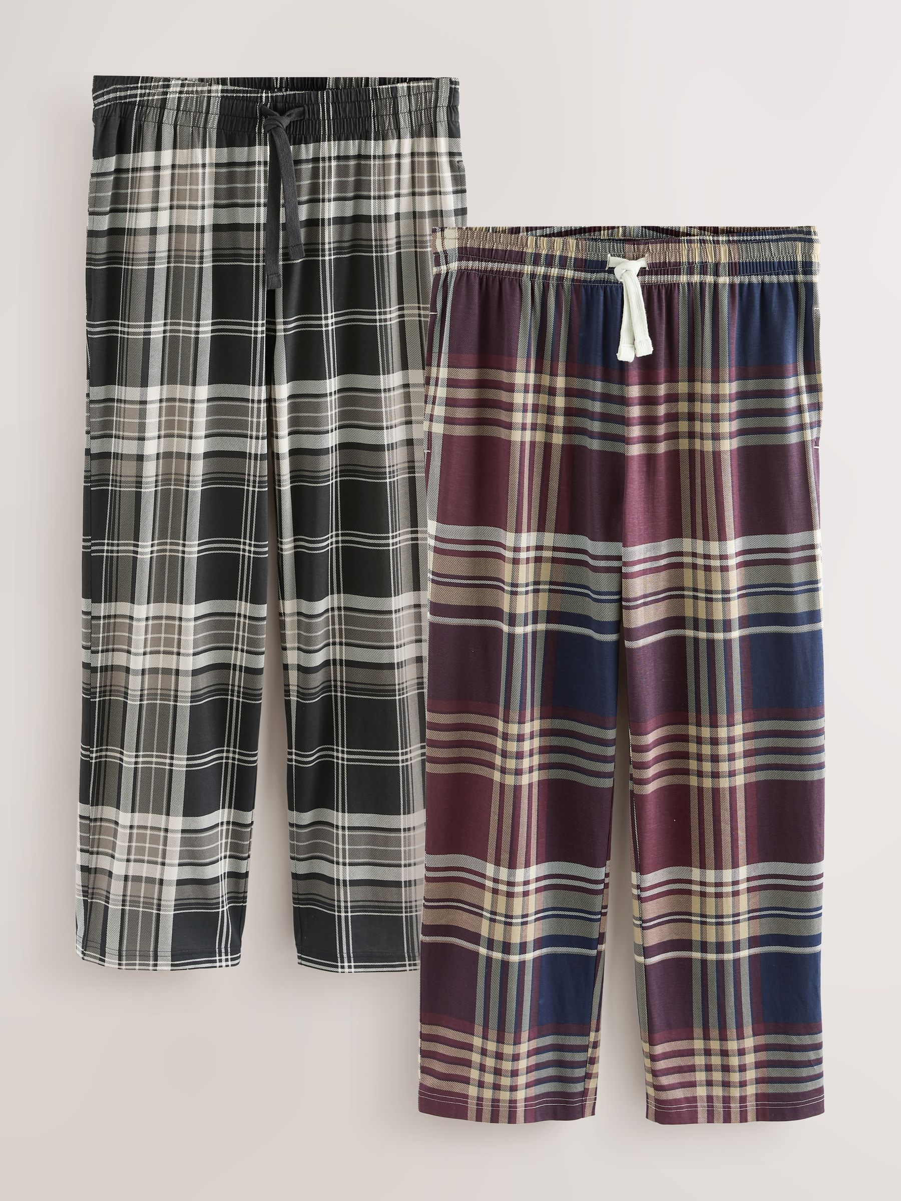 Plum Purple/ Neutral - Check Jersey Pyjama Bottoms 2 Pack
