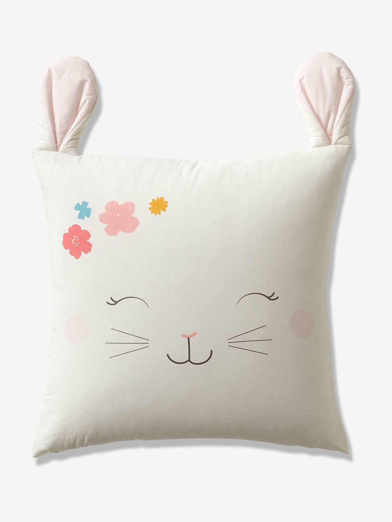 Conjunto de capa de edredom e fronha com estampa romântica de coelhinhos em branco claro.