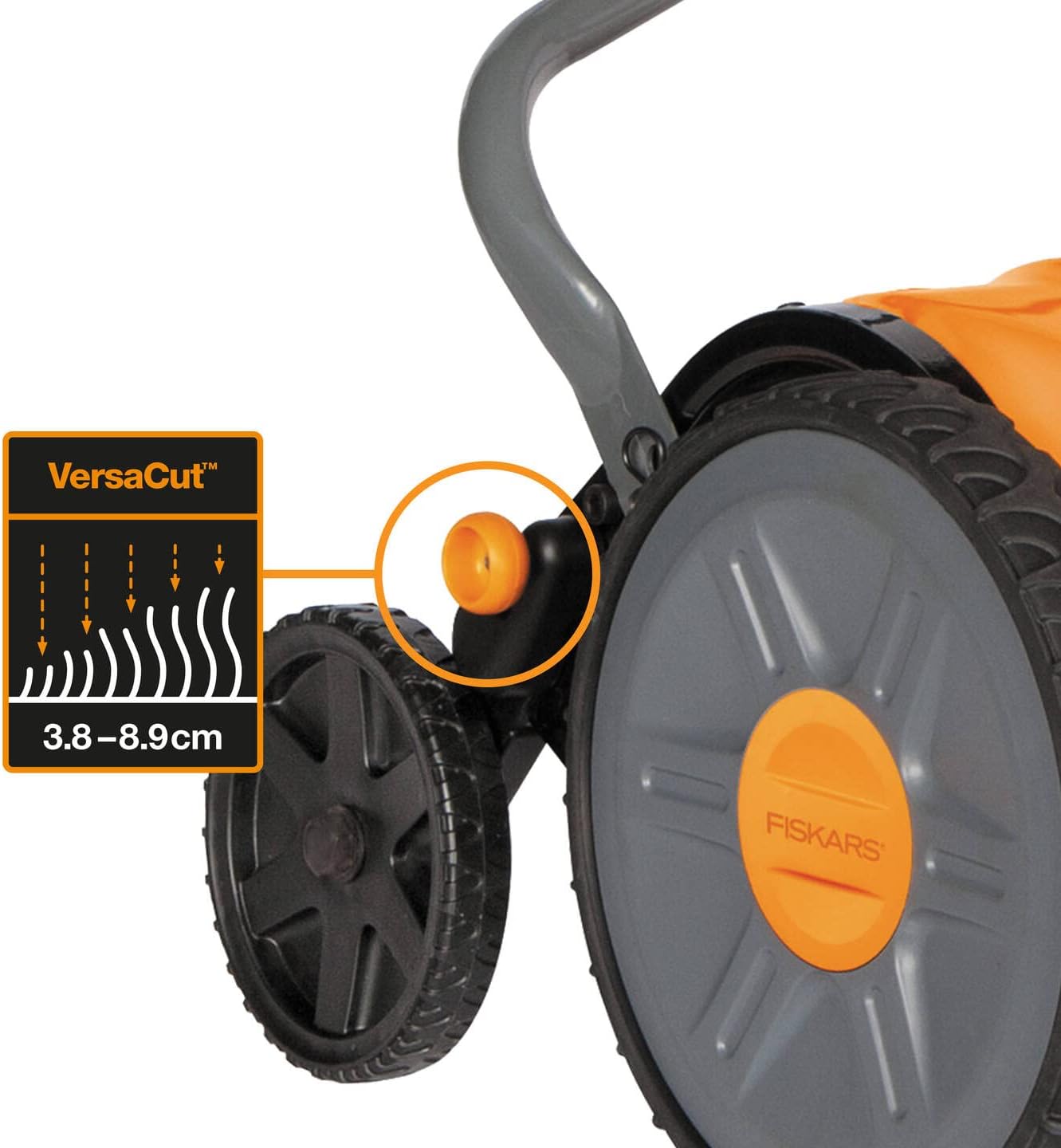 Fiskars Spindelmäher, Rasenmäher mit berührungslosem Schneidesystem, Schnittbreite: 43 cm, StaySharp Plus, Schwarz/Orange/Silber, 1015649