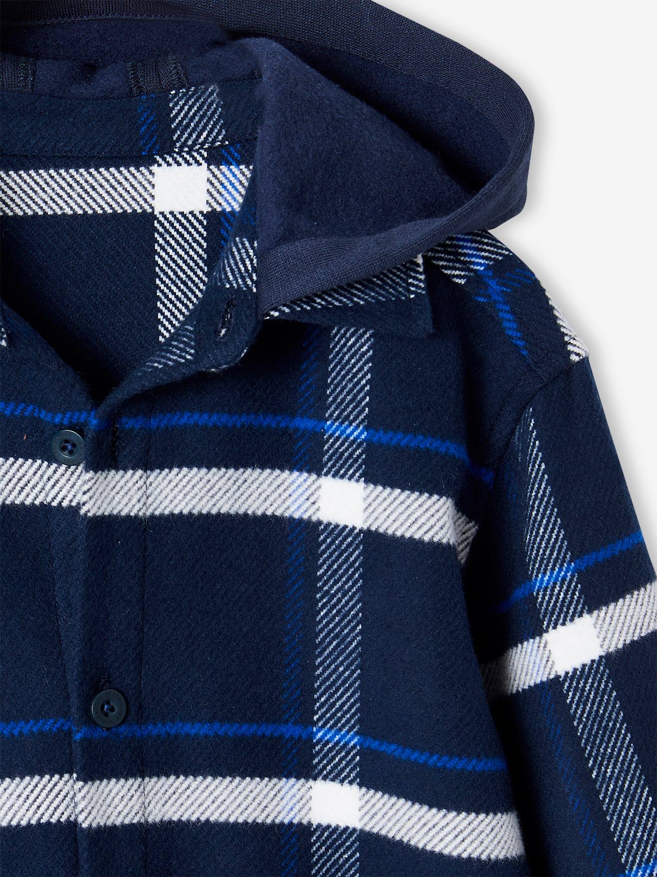 Camisa de flanela azul marinho com capuz e estampa xadrez grande para meninos