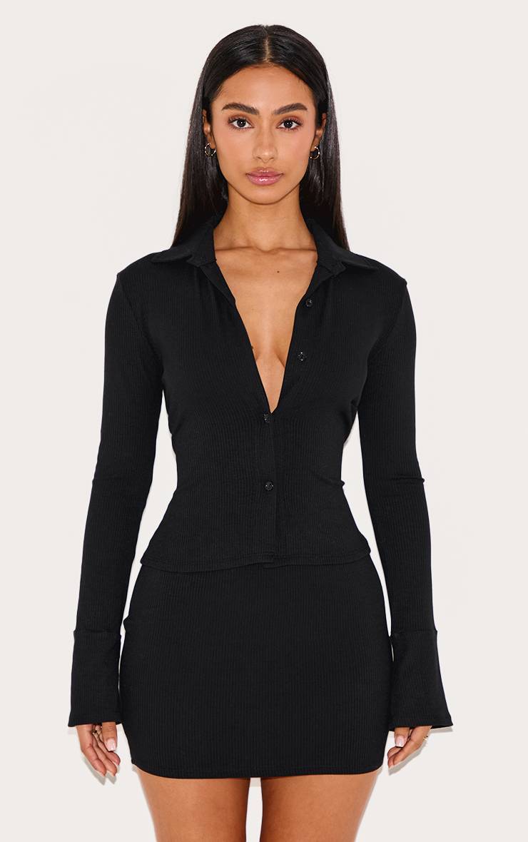 Noir Mini Jupe Côtelée Taille Haute Petite Co-ord