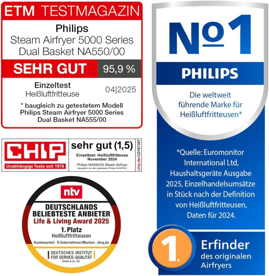 Philips Steam Airfryer 5000 Series Dual Basket Heißluftfritteuse mit Dampfgar-Funktion & 2 Körben – Steam, Airfry, SteamFry, 9L (3L+6L), RapidAir Plus, automatische Dampfreinigung (NA550/00)