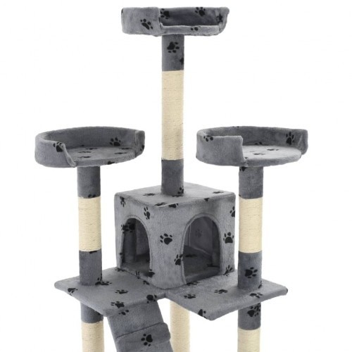 Arranhador para gatos com poste de sisal, cinza, com pegadas de patas.