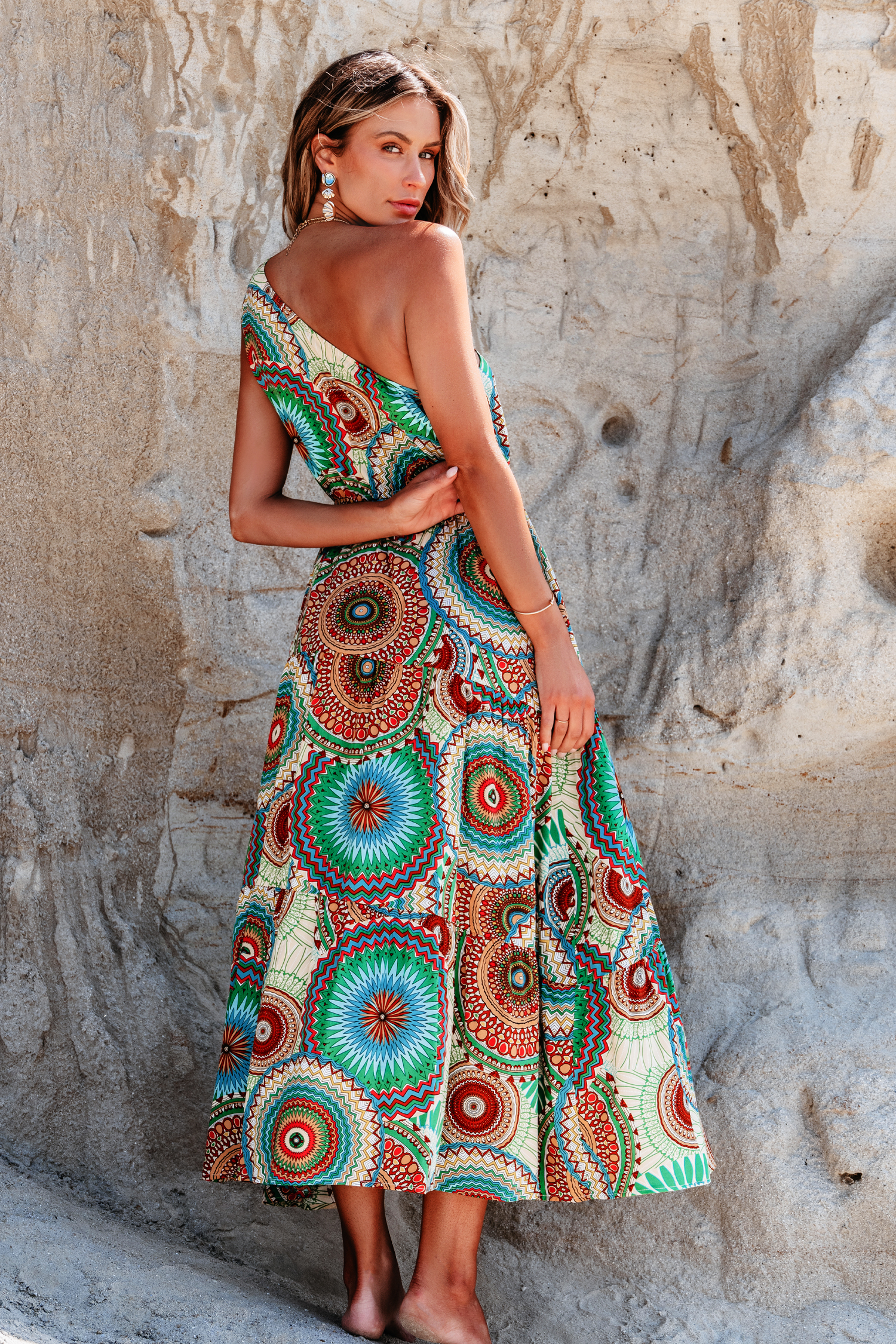Robe maxi à une épaule boho verte