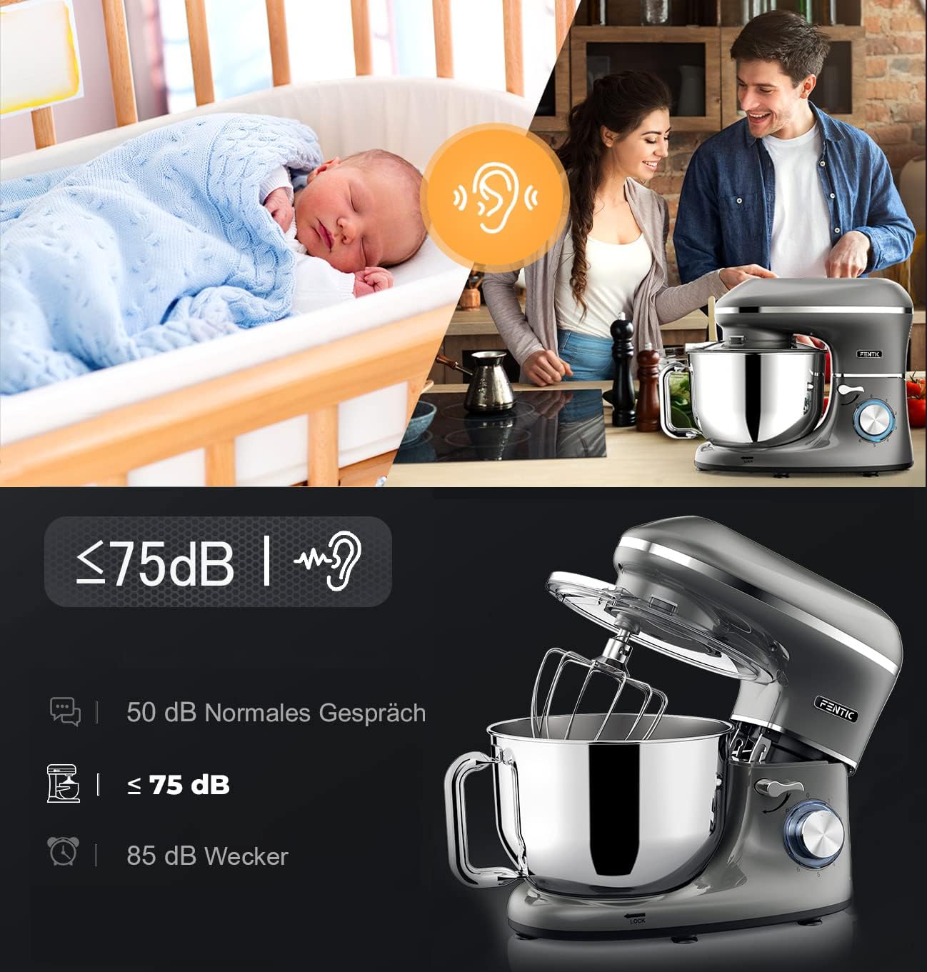 Küchenmaschine - 2000W - Edelstahl Rührschüssel (6,2 L) - Knetmaschine mit Rührhaken, Knethaken, Schlagbesen und Spritzschutz - Inkl. zusätzlichem Zubehör - Anthrazit