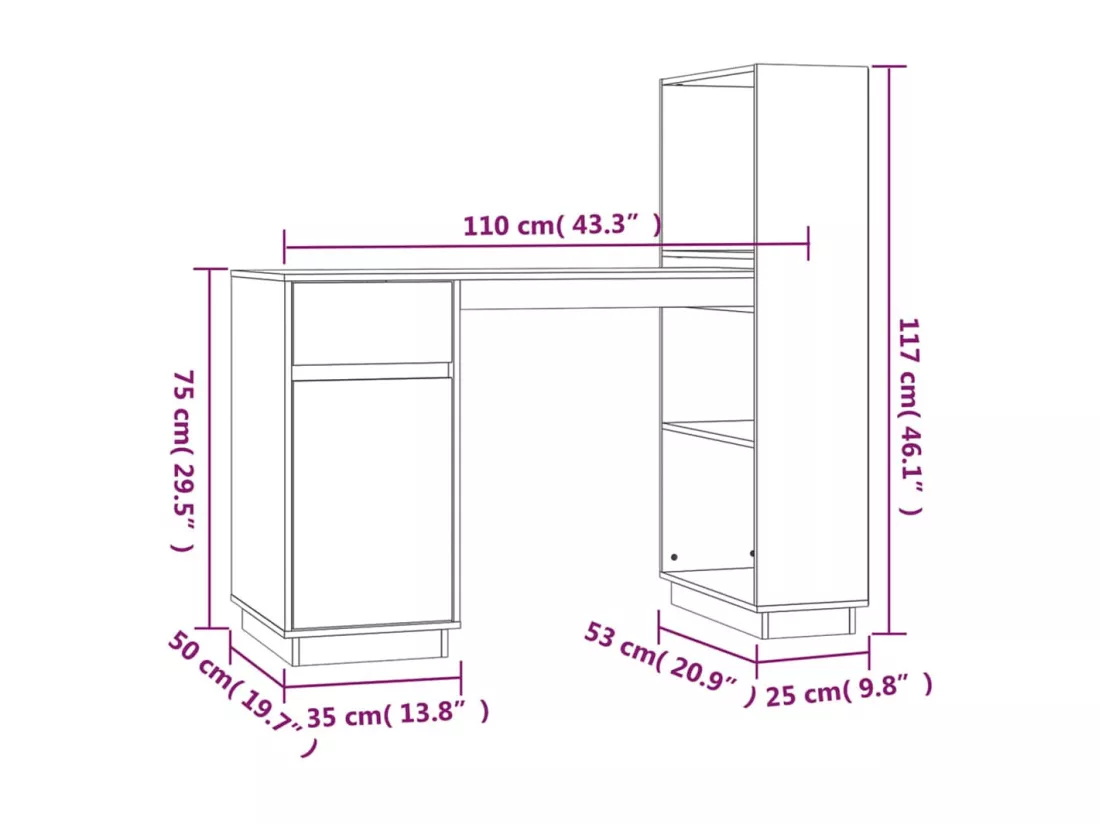 Bureau Blanc 110x53x117 cm Bois massif de pin