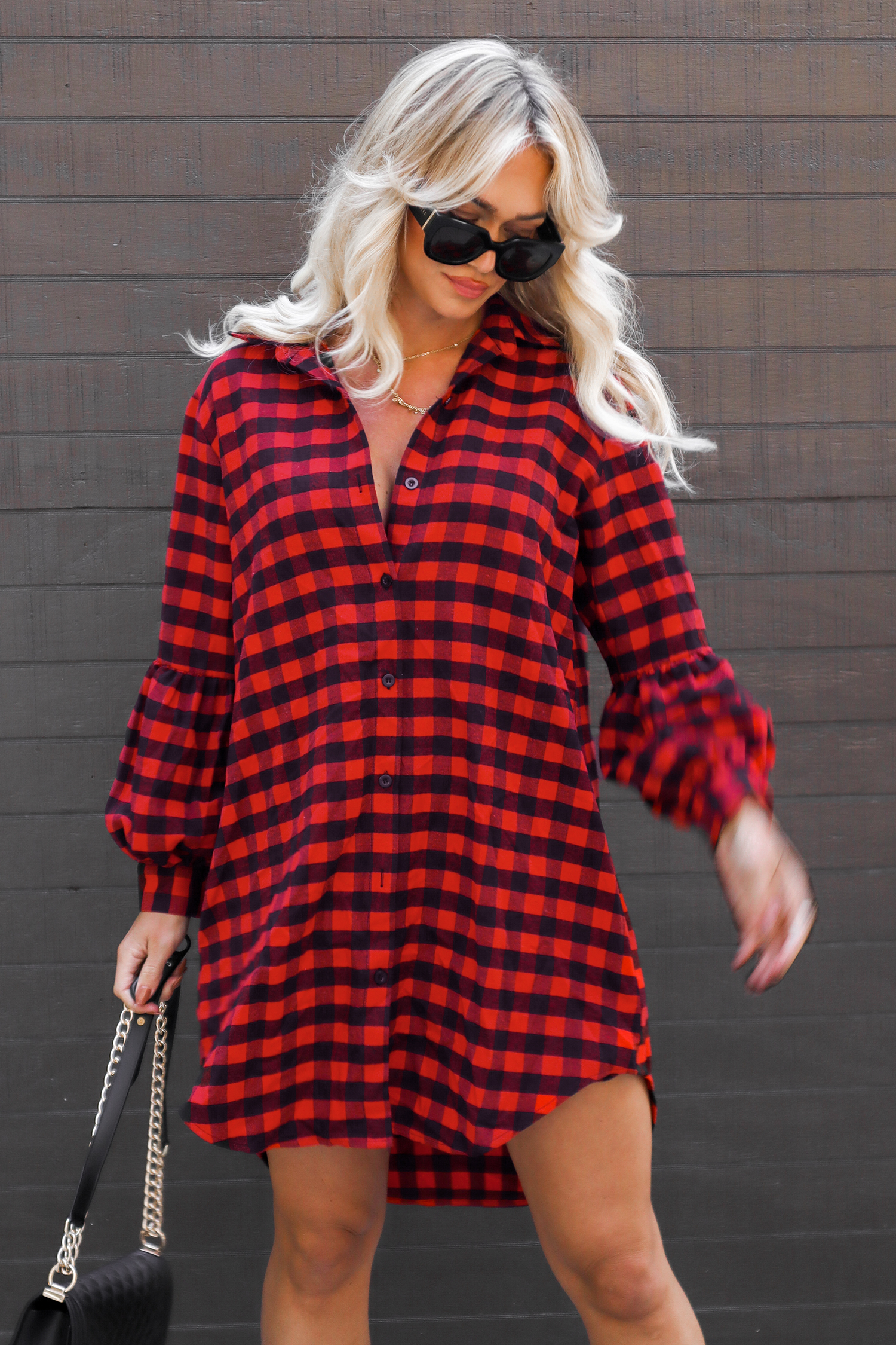 Robe chemise à manches longues avec boutons en carreaux